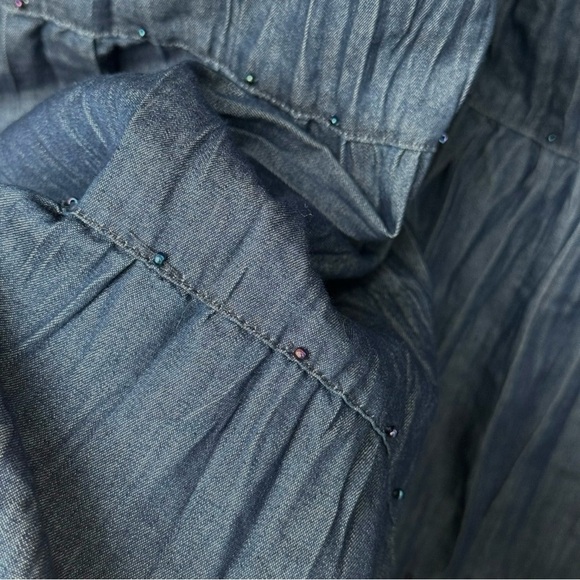Tiered Beaded Chambray Denim Midi Skirt Size 12 Blue Cottage Boho Western - Picture 3 of 8